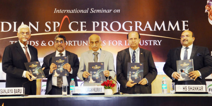 The Secretary, Department of Space, Chairman, Space Commission and Chairman, Indian Space Research Organisation (ISRO), Shri Kiran Kumar releasing the Compendium on Indian Space Industry, at the inauguration of the International Seminar on Indian Space Programme : Trends and Opportunities for Industry, in New Delhi on November 20, 2017.