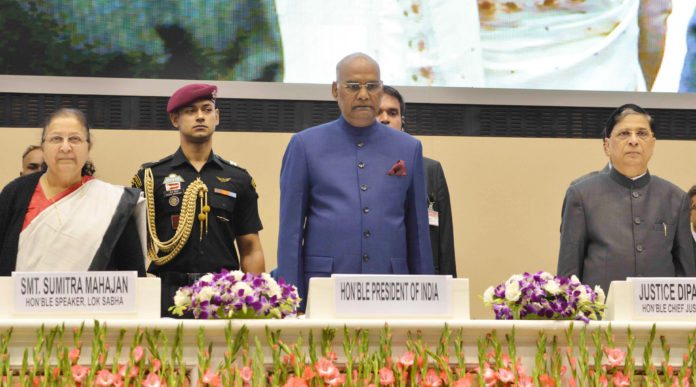 The President, Shri Ram Nath Kovind at the inaugural function of the National Law Day Conference jointly organised by the Law Commission of India and NITI Aayog, in New Delhi on November 25, 2017. The Speaker, Lok Sabha, Smt. Sumitra Mahajan and the Chief Justice of India, Justice Shri Dipak Misra are also seen.