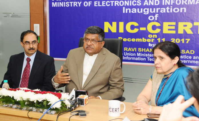 The Union Minister for Electronics & Information Technology and Law & Justice, Shri Ravi Shankar Prasad addressing a press conference at the inauguration of the NIC Data Security Centre, in New Delhi on December 11, 2017. The Secretary, Ministry of Electronics & Information Technology, Shri Ajay Prakash Sawhney is also seen.