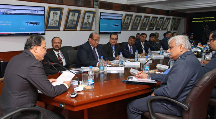 The Minister of State for Defence, Dr. Subhash Ramrao Bhamre interacting with senior Officers of IAF & C-DAC, during the launch of web portal for online examination of Officers and Airmen Selection, in in New Delhi on December 11, 2017.
