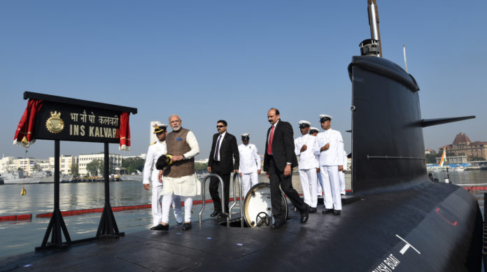 The Prime Minister, Shri Narendra Modi at the commissioning ceremony of the Naval Submarine INS Kalvari into the Indian Navy, in Mumbai on December 14, 2017.