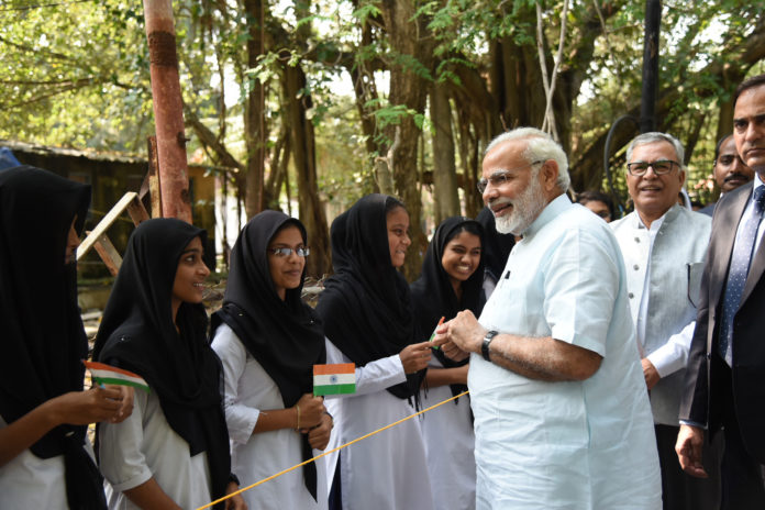 The Prime Minister, Shri Narendra Modi interacting with the School Kids, in Kavaratti, Lakshadweep on December 19, 2017.