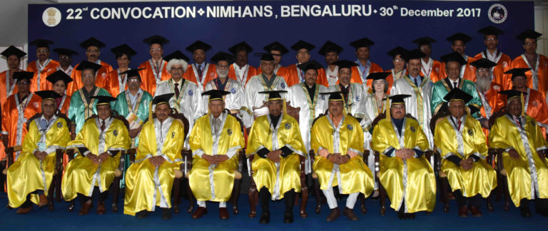 The President, Shri Ram Nath Kovind in a group photograph at the 22nd convocation of the NIMHANS, at Bengaluru, in Karnataka on December 30, 2017. The Governor of Karnataka, Shri Vajubhai Rudabhai Vala, the Union Minister for Chemicals & Fertilizers and Parliamentary Affairs, Shri Ananth Kumar and the Union Minister for Health & Family Welfare, Shri J.P. Nadda are also seen.