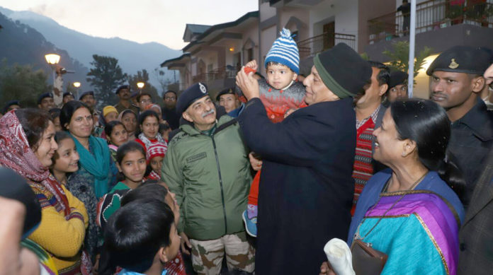The Union Home Minister, Shri Rajnath Singh meeting the families of ITBP personnel, during his visit to the 12th Battalion of Indo-Tibetan Border Police (ITBP), at Matli, Uttarkashi, in Uttarakhand on December 31, 2017. The Director General, ITBP, Shri R.K. Pachnanda is also seen.