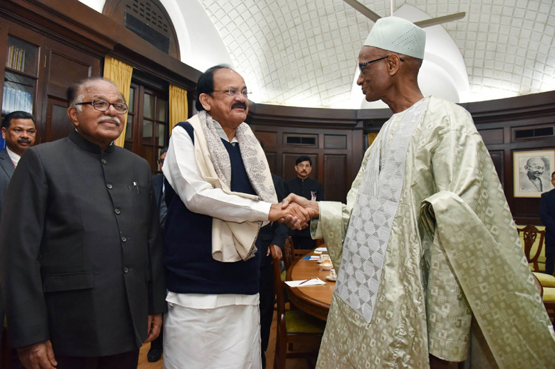 The President of the High Court of Justice, Mr. Abdrahamane Niang calling on the Vice President and the Chairman, Rajya Sabha, Shri. M. Venkaiah Naidu, in New Delhi on December 21, 2017. The Deputy Chairman, Rajya Sabha, Dr. P.J. Kurien is also seen.