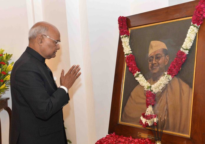 The President, Shri Ram Nath Kovind paying homage to Netaji Subhas Chandra Bose on his birth anniversary at Parliament House, in New Delhi on January 23, 2018.