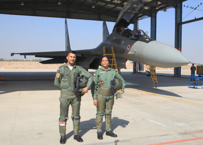 The Union Minister for Defence, Smt. Nirmala Sitharaman in front of Sukhoi 30MKI for a sortie, at Air Force Station, Jodhpur, in Rajasthan on January 17, 2018.