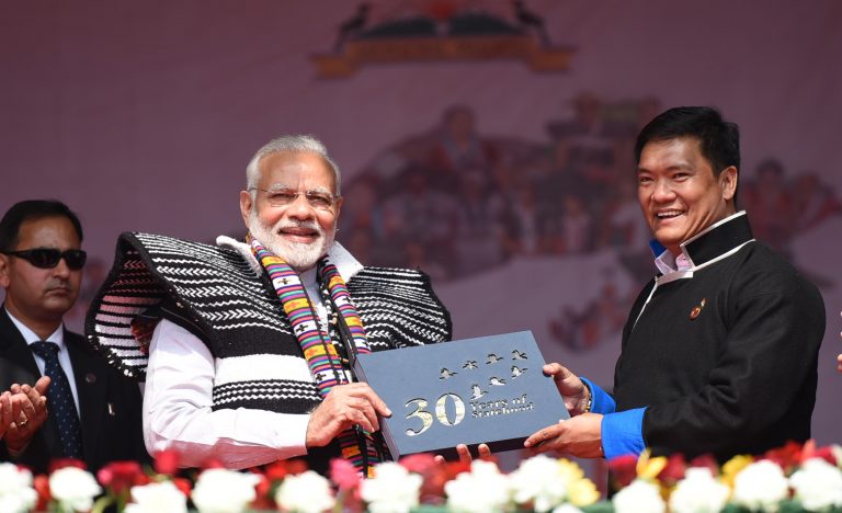The Prime Minister, Shri Narendra Modi at the inauguration of the Dorjee Khandu State Convention Centre, in Itanagar, Arunachal Pradesh on February 15, 2018. The Chief Minister of Arunachal Pradesh, Shri Pema Khandu is also seen.