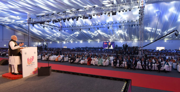 The Prime Minister, Shri Narendra Modi addressing at the inauguration of the UP Investors Summit 2018, in Lucknow, Uttar Pradesh on February 21, 2018.