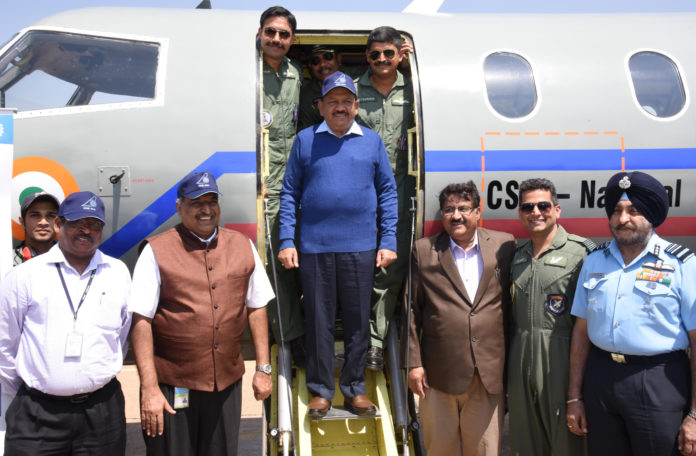 The Union Minister for Science & Technology, Earth Sciences and Environment, Forest & Climate Change, Dr. Harsh Vardhan coming out of SARAS PT1N aircraft, in Bengaluru on February 21, 2018.