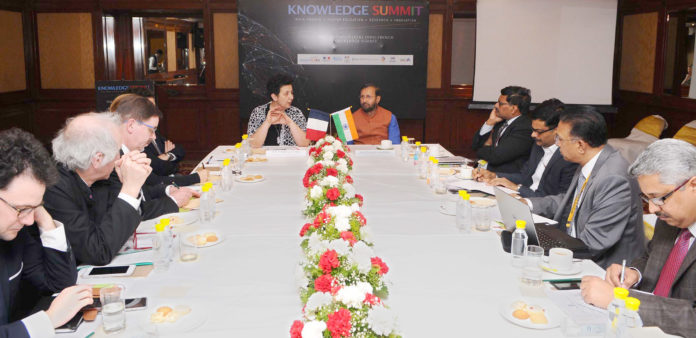 The Union Minister for Human Resource Development, Shri Prakash Javadekar in a bilateral meeting with the French Minister of Higher Education, Research and Innovation, Mrs. Frederique Vidal, at the closing ceremony of the Knowledge Summit, in New Delhi on March 11, 2018.