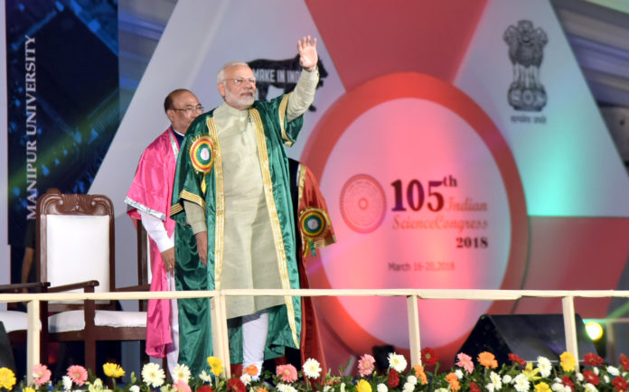 The Prime Minister, Shri Narendra Modi at the inauguration of the 105th session of Indian Science Congress, at Manipur University, in Imphal on March 16, 2018.
