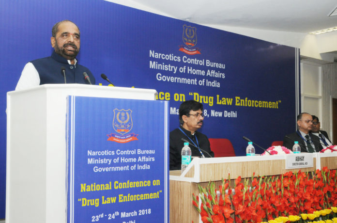 The Minister of State for Home Affairs, Shri Hansraj Gangaram Ahir addressing at the inauguration of the first National Conference on Drug Law Enforcement, organised by Narcotics Control Bureau (NCB), Ministry of Home Affairs, in New Delhi on March 23, 2018. The Director General of NCB, Shri Abhay is also seen.