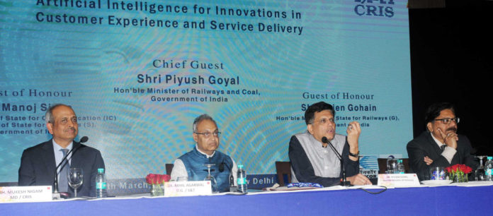 The Union Minister for Railways and Coal, Shri Piyush Goyal addressing a Conference on “Artificial Intelligence for Innovations in Customer Experience and Service Delivery”, in New Delhi on March 24, 2018.