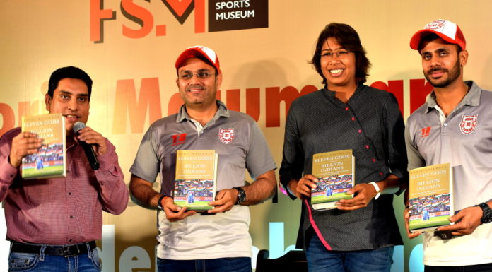 Virender Sehwag, Jhulan Goswami & Manoj Tiwary at book launch by Boria Majumdar