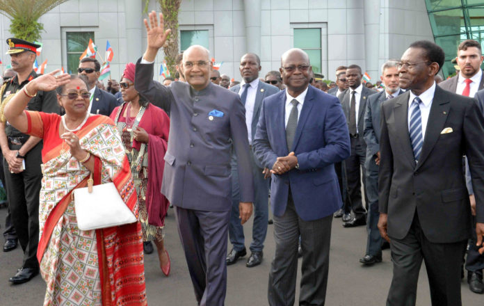 The President, Shri Ram Nath Kovind being received by the President of the Republic of Equatorial Guinea, Mr. Obiang Nguema Mbasogo, on his arrival, at Malabo International Airport in the Republic of Equatorial, Guinea on April 07, 2018.