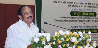 The Vice President of India, Shri M. Venkaiah Naidu addressing the gathering after interacting with the Agricultural Researchers on ‘Doubling Farm Income by 2022 in Andhra Pradesh and Telangana’, at ICAR - Indian Institute of Rice Research, in Hyderabad on March 31, 2018.
