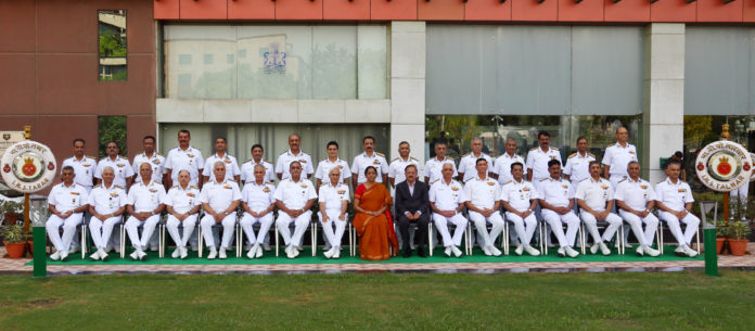 The Union Minister for Defence, Smt. Nirmala Sitharaman, the Minister of State for Defence, Dr. Subhash Ramrao Bhamre and the Chief of Naval Staff, Admiral Sunil Lanba in a group photograph with the senior Naval Commanders, during the Naval Commanders Conference, in New Delhi on May 08, 2018.