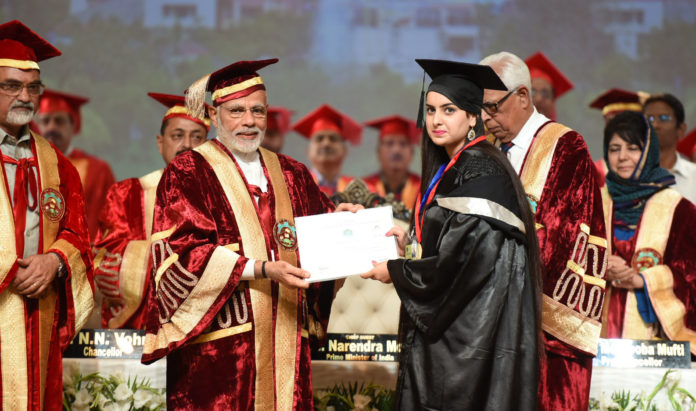 The Prime Minister, Shri Narendra Modi at the Convocation of the Sher-E-Kashmir University of Agricultural Sciences and Technology, in Jammu on May 19, 2018. The Governor of Jammu and Kashmir, Shri N.N. Vohra, the Minister of State for Development of North Eastern Region (I/C), Prime Ministers Office, Personnel, Public Grievances & Pensions, Atomic Energy and Space, Dr. Jitendra Singh, the Chief Minister of Jammu and Kashmir, Ms. Mehbooba Mufti and other dignitaries are also seen.