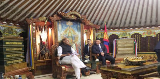 Visit of Rajnath Singh,Home Minister to Mongolia is on The Union Home Minister, Shri Rajnath Singh calling on the President of Mongolia, Mr. KH. Battulga, at the State Palace, in Ulaanbaatar on June 22, 2018.