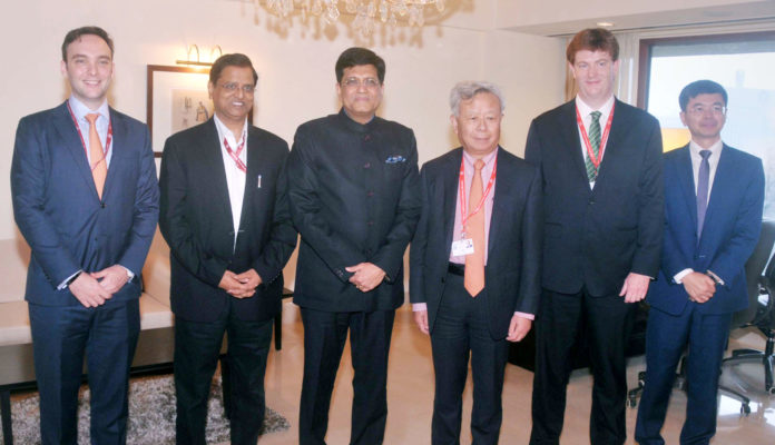 The Union Minister for Railways, Coal, Finance and Corporate Affairs, Shri Piyush Goyal with the Asian Infrastructure Investment Bank leaders, in Mumbai on June 24, 2018. The Secretary, Department of Economic Affairs, M/o Finance, Shri Subhash Chandra Garg is also seen.