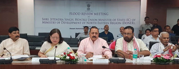 The Union Minister of State (Independent Charge) Development of North-Eastern Region (DoNER), MoS PMO, Personnel, Public Grievances & Pensions, Atomic Energy and Space, Dr Jitendra Singh chairing a meeting to review the flood situation, in Guwahati, Assam, on June 26, 2018.