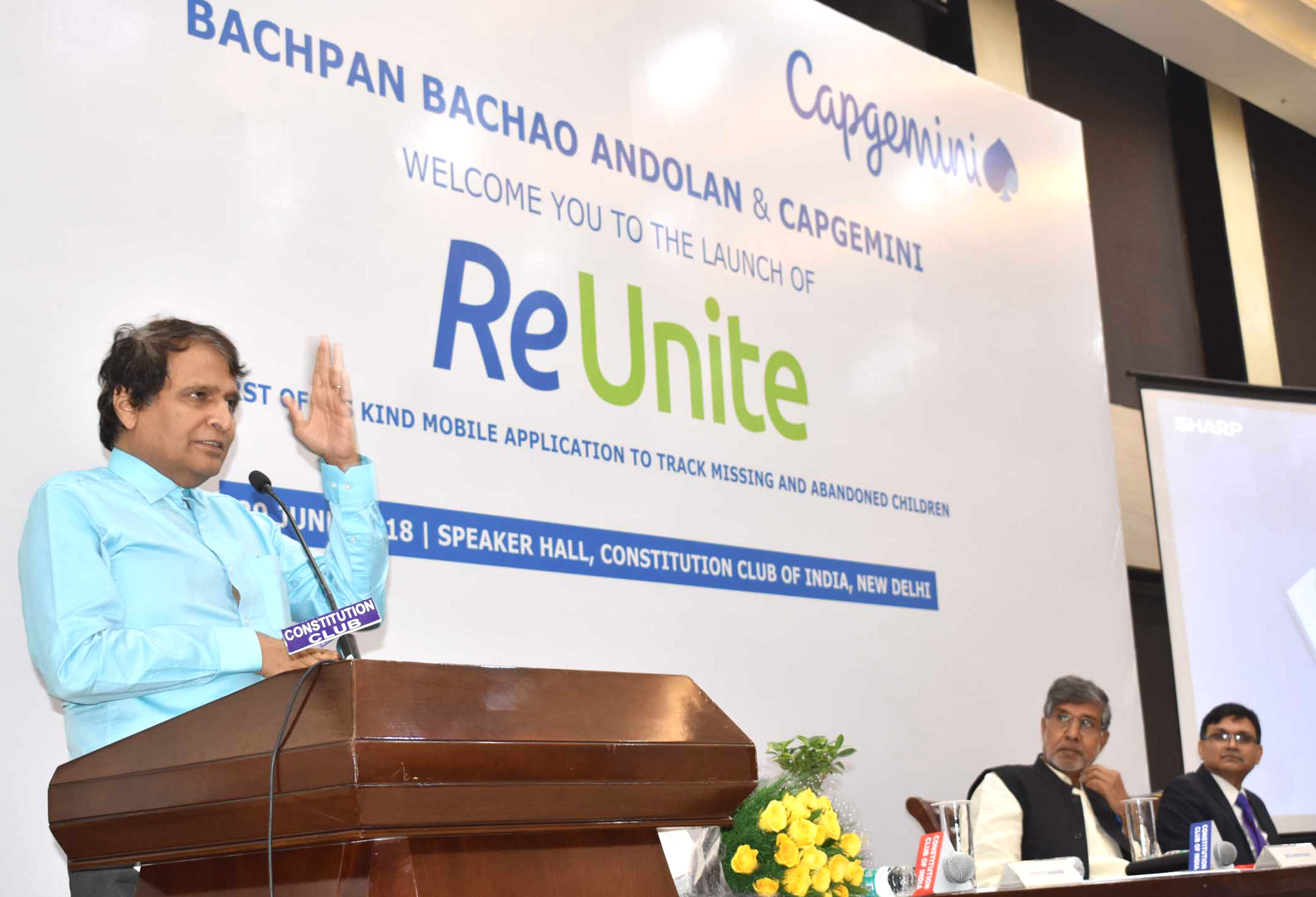 The Union Minister for Commerce & Industry and Civil Aviation, Shri Suresh Prabhakar Prabhu addressing at the launch of the Mobile Application ReUnite by Bachpan Bachao Andolan, in New Delhi on June 29, 2018.
