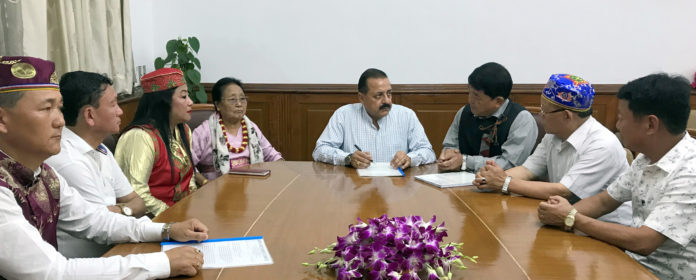 The Minister of State for Development of North Eastern Region (I/C), Prime Ministers Office, Personnel, Public Grievances & Pensions, Atomic Energy and Space, Dr. Jitendra Singh at a meeting with a delegation of Sikkim Tribals, in New Delhi on June 30, 2018.