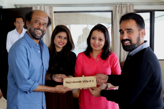 Superstar Rajinikanth and Mr. Mehul Parekh with the new name of the Director's bungalow at Allita