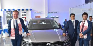 Volkswagen introduces Premium Carlines the Passat and Tiguan at Guwahati,Assam (From L to R) Mr. Steffen Knapp, Director, Volkswagen Passenger Cars along with Mr. Charchit Mishra, Director, OSL Exclusive and Mr. Ashish Gupta, Head of Sales, Volkswagen Passenger Cars unveil the Tiguan at the newly inaugurated dealership, Volkswagen Guwahati