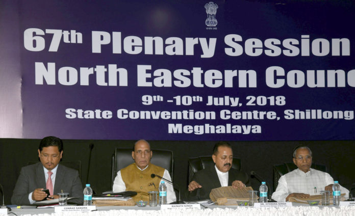 The Union Home Minister, Shri Rajnath Singh chairing the 67th Plenary Session of the North Eastern Council (NEC), in Shillong on July 09, 2018. The Minister of State for Development of North Eastern Region (I/C), Prime Ministers Office, Personnel, Public Grievances & Pensions, Atomic Energy and Space, Dr. Jitendra Singh and other dignitaries are also seen.