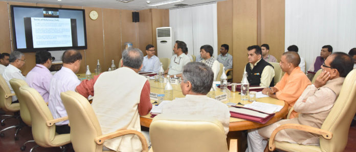 The Chief Minister of Madhya Pradesh, Shri Shivraj Singh Chouhan, the Chief Minister of Uttar Pradesh, Yogi Adityanath, the CEO, NITI Aayog, Shri Amitabh Kant and other dignitaries at the First Meeting of CMs Subgroup on Convergence of MGNREGs & Agriculture Policies, in New Delhi on July 12, 2018.