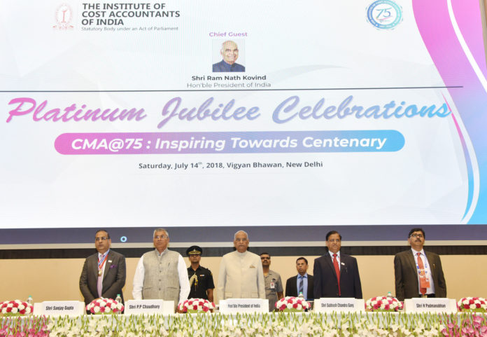 The President, Shri Ram Nath Kovind at the Platinum Jubilee Celebrations of the Institute of the Cost Accountants of India (ICMAI), in New Delhi on July 14, 2018. The Minister of State for Law & Justice and Corporate Affairs, Shri P.P. Chaudhary, the Secretary, Department of Economic Affairs, M/o Finance, Shri Subhash Chandra Garg and other dignitaries are also seen.