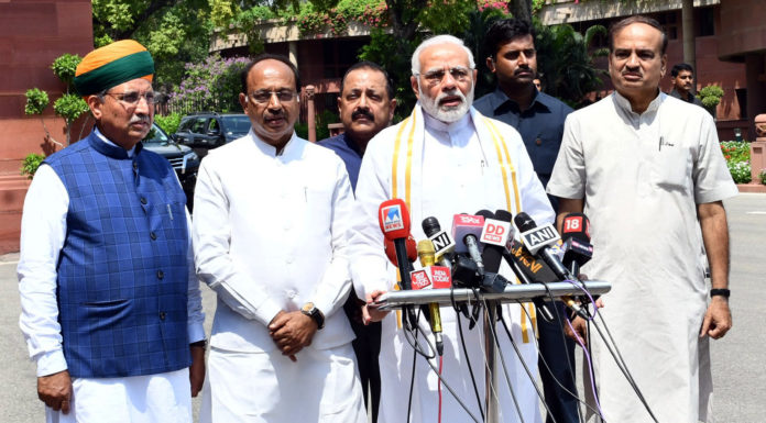 The Prime Minister, Shri Narendra Modi addressing the media ahead of the Monsoon Session of Parliament, in New Delhi on July 18, 2018. The Union Minister for Chemicals & Fertilizers and Parliamentary Affairs, Shri Ananth Kumar, the Minister of State for Development of North Eastern Region (I/C), Prime Ministers Office, Personnel, Public Grievances & Pensions, Atomic Energy and Space, Dr. Jitendra Singh, the Minister of State for Parliamentary Affairs and Statistics & Programme Implementation, Shri Vijay Goel and the Minister of State for Parliamentary Affairs, Water Resources, River Development and Ganga Rejuvenation, Shri Arjun Ram Meghwal are also seen.