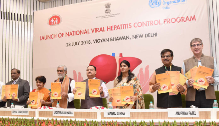 The Union Minister for Health & Family Welfare, Shri J.P. Nadda launching the National Viral Hepatitis Control Program, at a function, in New Delhi on July 28, 2018. The Minister of State for Communications (I/C) and Railways, Shri Manoj Sinha, the Ministers of State for Health & Family Welfare, Shri Ashwini Kumar Choubey and Smt. Anupriya Patel and the Secretary, Ministry of Health & Family Welfare, Smt. Preeti Sudan are also seen.