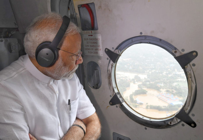 The Prime Minister, Shri Narendra Modi conducting an aerial survey of flood affected areas, in Kerala on August 18, 2018.