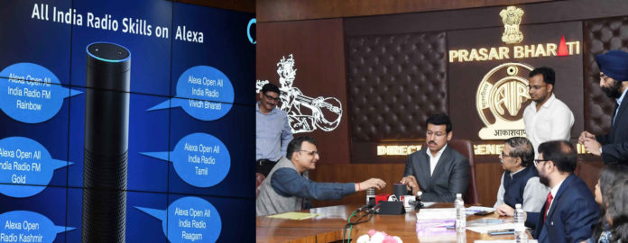 The Minister of State for Youth Affairs & Sports and Information & Broadcasting (I/C), Col. Rajyavardhan Singh Rathore launching the All India Radio streaming services on Amazon Alexa Smart Speakers, in New Delhi on September 28, 2018. The Chairman, Prasar Bharati, Dr. A. Surya Prakash, the CEO Prasar Bharati, Dr. Shashi Shekhar Vempati and the Director General, AIR, Shri F. Sheheryar are also seen.