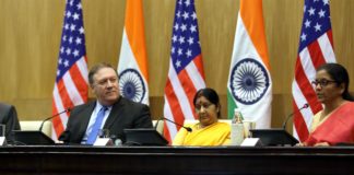 The Union Minister for Defence, Smt. Nirmala Sitharaman, the Union Minister for External Affairs, Smt. Sushma Swaraj along with the US Secretary of Defence, Mr. James Mattis and the US Secretary of State, Mr. Michael R. Pompeo, at the joint press conference, during the ‘2+2 Bilateral Dialogue’ between the two countries, in New Delhi on September 06, 2018.