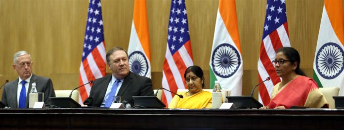 The Union Minister for Defence, Smt. Nirmala Sitharaman, the Union Minister for External Affairs, Smt. Sushma Swaraj along with the US Secretary of Defence, Mr. James Mattis and the US Secretary of State, Mr. Michael R. Pompeo, at the joint press conference, during the ‘2+2 Bilateral Dialogue’ between the two countries, in New Delhi on September 06, 2018. The Union Minister for Defence, Smt. Nirmala Sitharaman, the Union Minister for External Affairs, Smt. Sushma Swaraj along with the US Secretary of Defence, Mr. James Mattis and the US Secretary of State, Mr. Michael R. Pompeo, at the joint press conference, during the ‘2+2 Bilateral Dialogue’ between the two countries, in New Delhi on September 06, 2018.