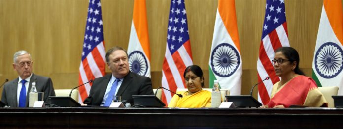 The Union Minister for Defence, Smt. Nirmala Sitharaman, the Union Minister for External Affairs, Smt. Sushma Swaraj along with the US Secretary of Defence, Mr. James Mattis and the US Secretary of State, Mr. Michael R. Pompeo, at the joint press conference, during the ‘2+2 Bilateral Dialogue’ between the two countries, in New Delhi on September 06, 2018.