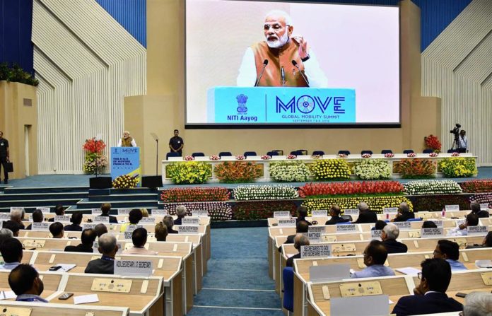 The Prime Minister, Shri Narendra Modi delivering the inaugural address at the Global Mobility Summit, organised by NITI Aayog, in New Delhi on September 07, 2018.