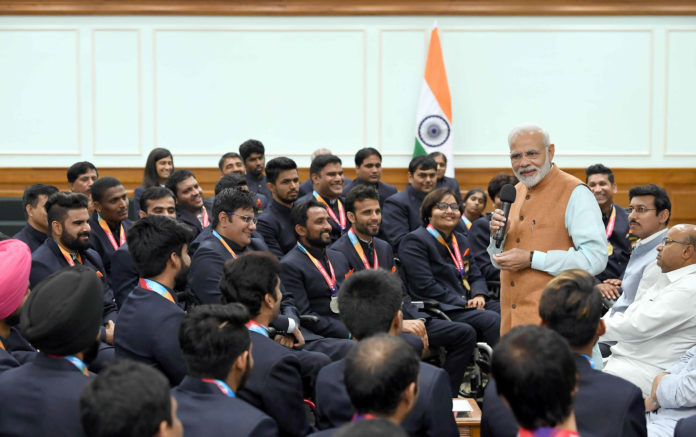 The Prime Minister, Shri Narendra Modi interacting with the medal winners of the 2018 Asian Para Games, in New Delhi on October 16, 2018.