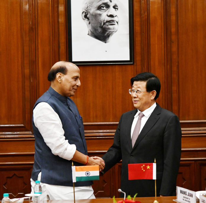 The Union Home Minister Shri Rajnath Singh with the State Councillor and Minister for Public Security of the Peoples Republic of China, Mr. Zhao Kezhi, in New Delhi on October 22, 2018.