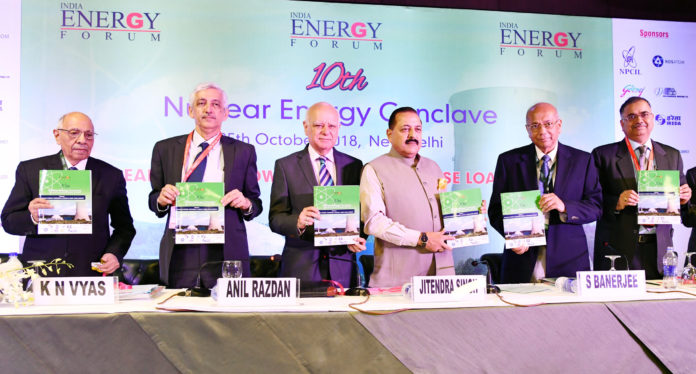 The Minister of State for Development of North Eastern Region (I/C), Prime Minister’s Office, Personnel, Public Grievances & Pensions, Atomic Energy and Space, Dr. Jitendra Singh releasing a booklet at the inauguration of the 10th Nuclear Energy Conclave on the theme: ‘Nuclear Power- Towards a Clean & Base Load Energy’, in New Delhi on October 25, 2018. The Chairman AEC and Secretary, Department of Atomic Energy (DAE), Dr. K.N. Vyas and other dignitaries are also seen.