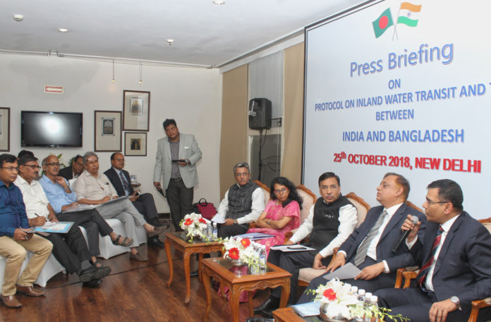 The Secretary, Ministry of Shipping, Shri Gopal Krishna and the Secretary, Ministry of Shipping, Bangladesh, Md. Abdus Samad at a press conference on Protocol on Inland Water Transit and Trade between India and Bangladesh, in New Delhi on October 25, 2018.