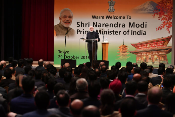 The Prime Minister, Shri Narendra Modi addressing a gathering of the Indian community, in Japan on October 29, 2018.