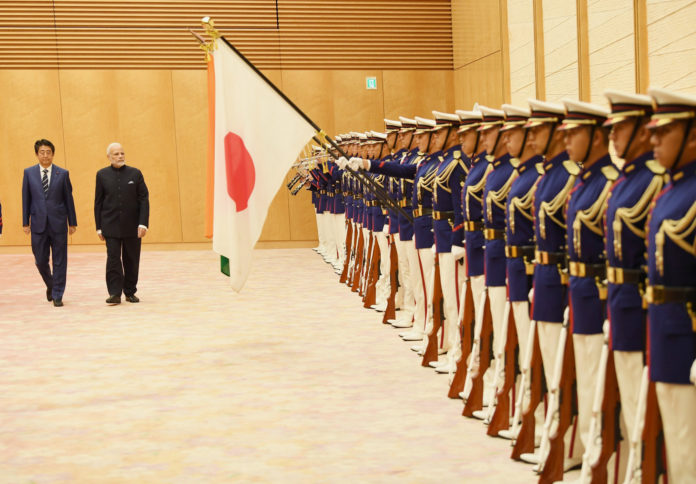 The Prime Minister, Shri Narendra Modi inspecting the Guard of Honour, during ceremonial welcome, in Tokyo, Japan on October 29, 2018. The Prime Minister of Japan, Mr. Shinzo Abe is also seen.