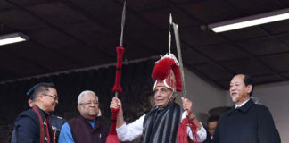 The Union Home Minister, Shri Rajnath Singh at the inauguration of Hornbill Festival, in Kohima, Nagaland on December 01, 2018. The Governor of Nagaland, Shri P.B. Acharya and the Chief Minister of Nagaland, Shri Neiphiu Rio are also seen.