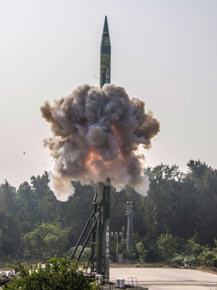 Agni V, a long-range surface-to-surface Nuclear Capable Ballistic missile successfully launched from a canister on a road mobile launcher at the Dr. Abdul Kalam Island off the coast of Odisha, on December 10, 2018.