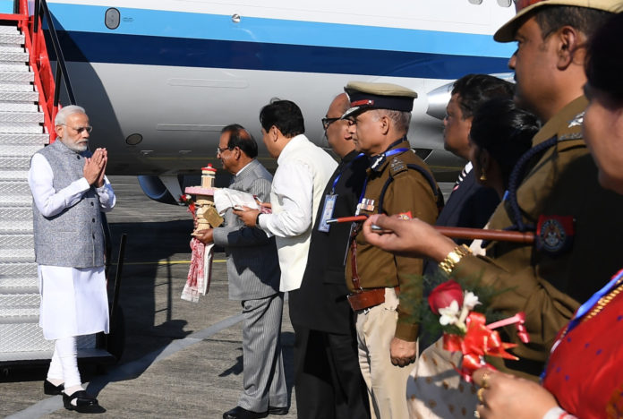 The Prime Minister, Shri Narendra Modi being received by the dignitaries on his arrival, at Dibrugarh, Assam on December 25, 2018.
